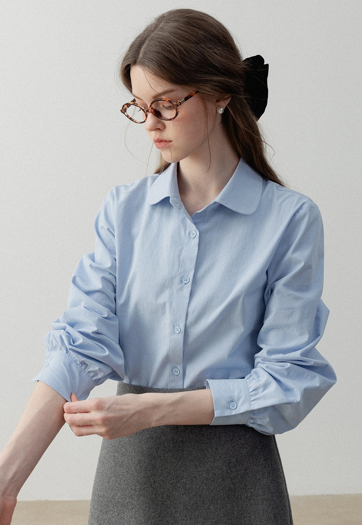 Women's Blue Long-Sleeve Button-Up Shirt with Peter Pan Collar