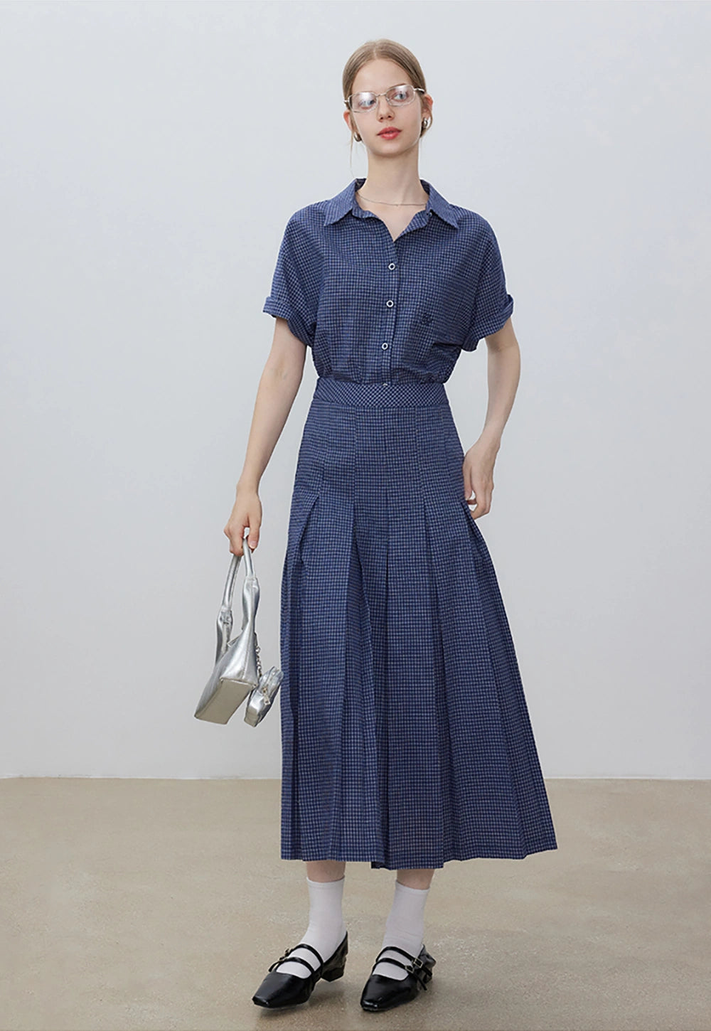 Women's Gingham Short Sleeve Shirt and Pleated Skirt Set