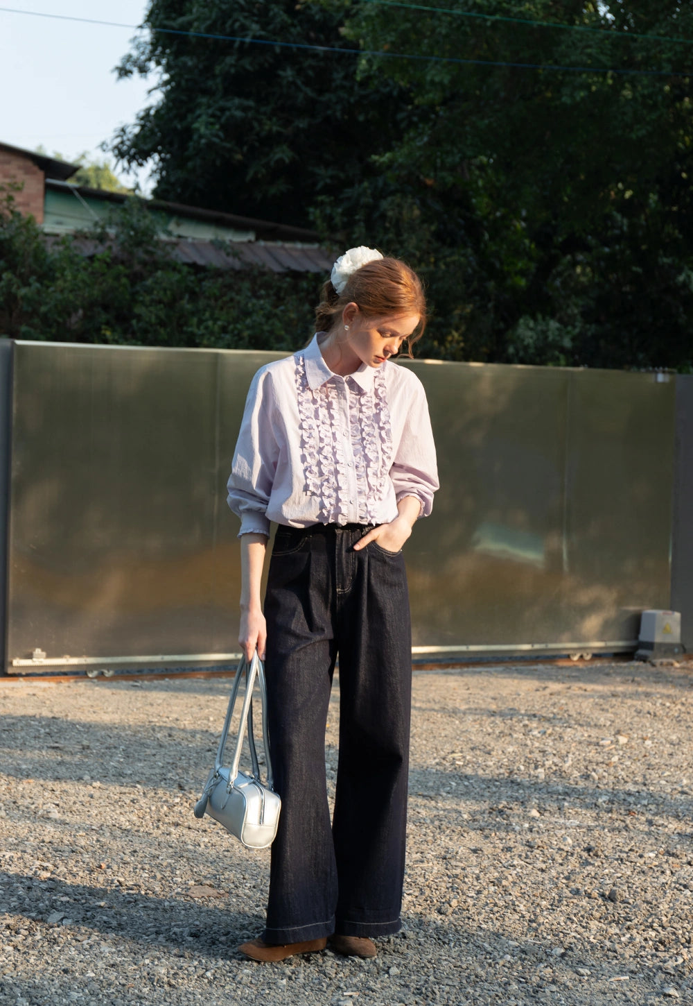 Women’s Lavender Ruffle-Front Button-Up Blouse