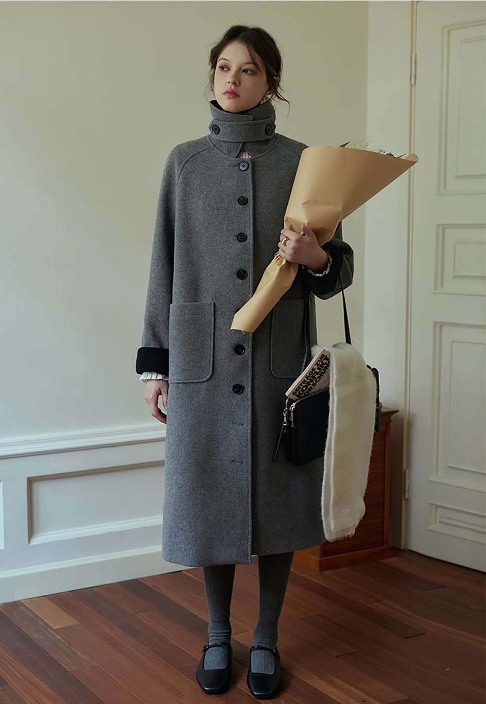 Women's Long Wool Coat with Button Closure