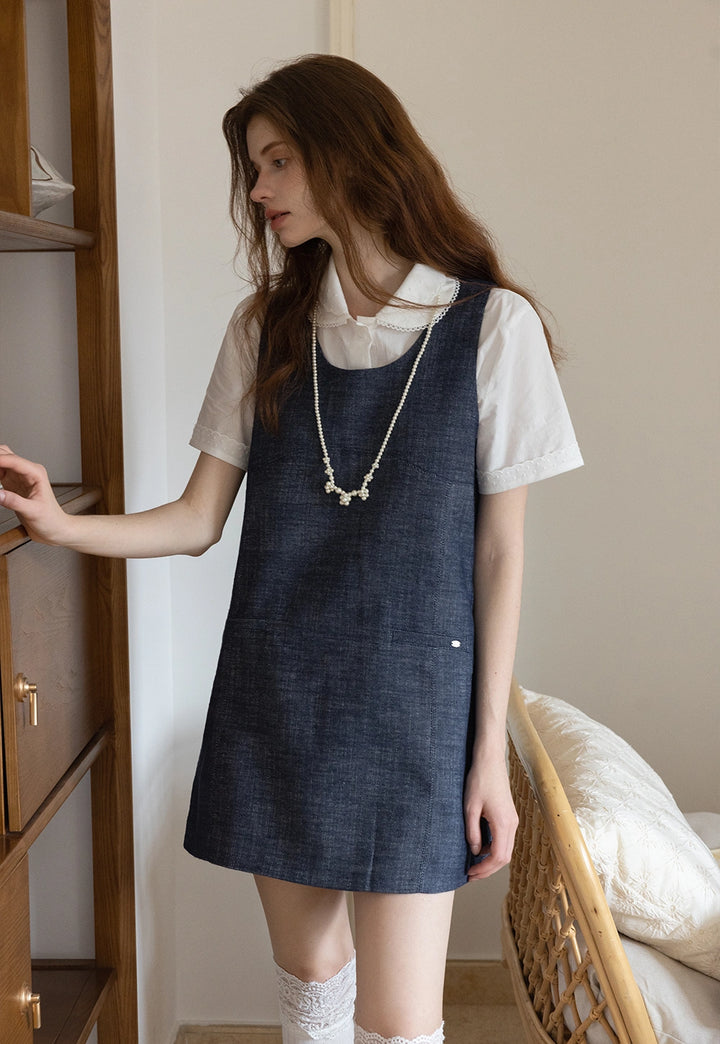 Minimalist Denim Sleeveless Dress with Pockets