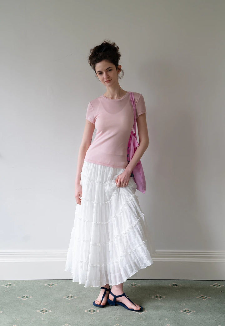 Tiered Ruffle Elastic Waist Midi Skirt