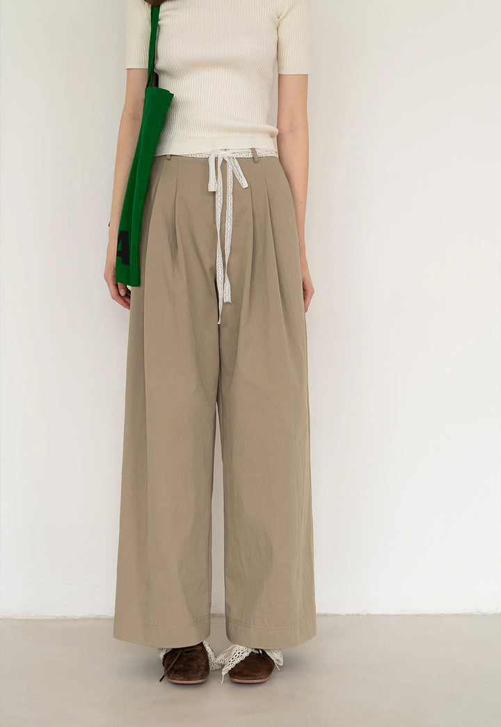 Casual Pleated Wide-Leg Pants with Drawstring Detail