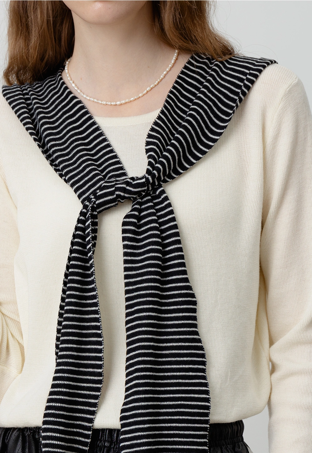 Navy Knit Sweater with Striped Scarf Accent