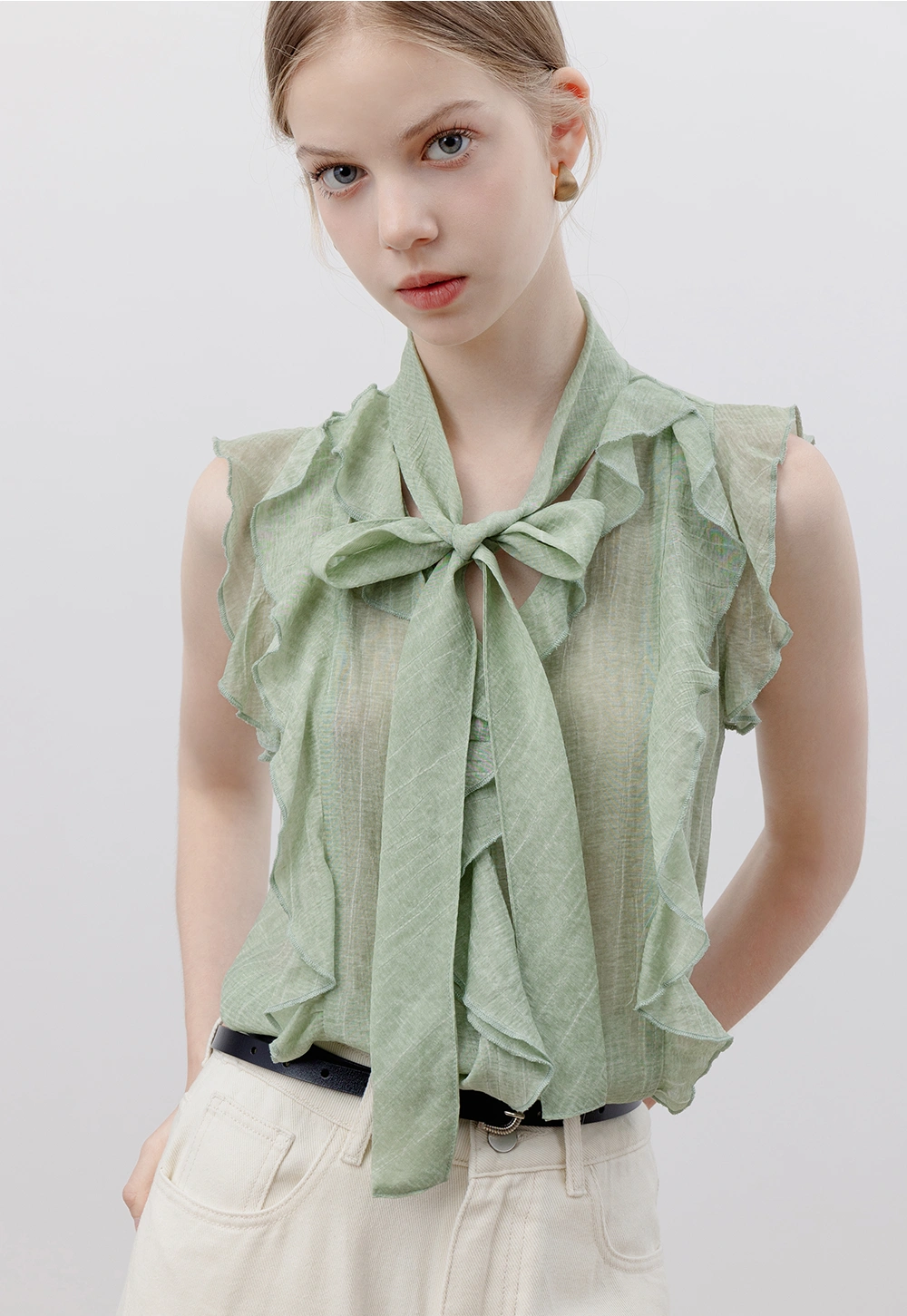 Women's Sleeveless Ruffled Blouse with Bow Tie