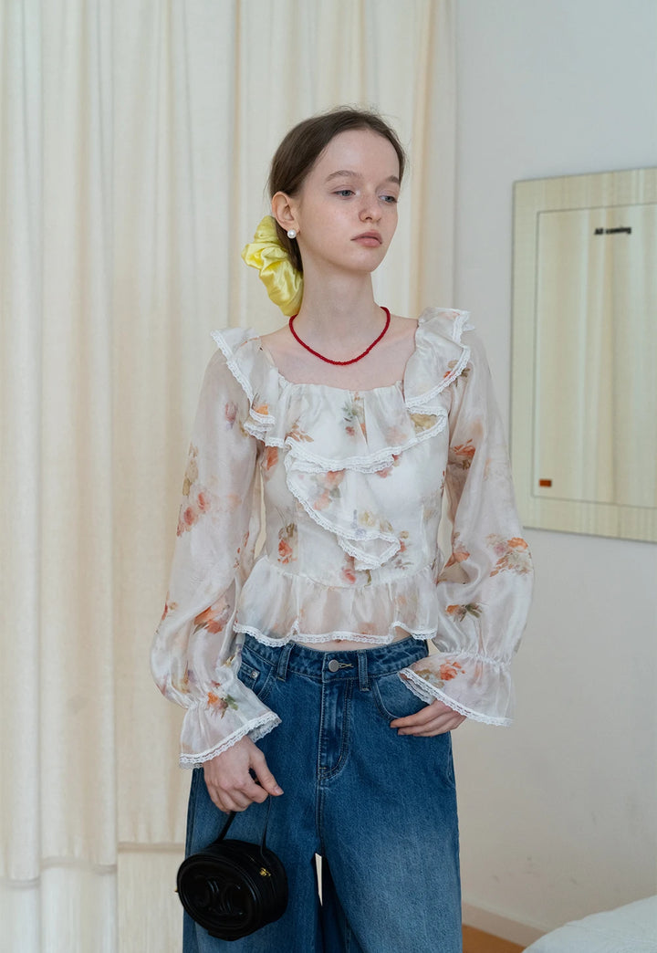 Floral Off-Shoulder Ruffle Blouse with Lace Trim