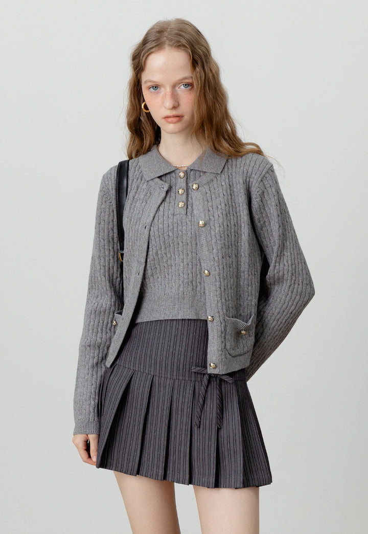 Pinstriped Pleated Skirt with Bow Detail