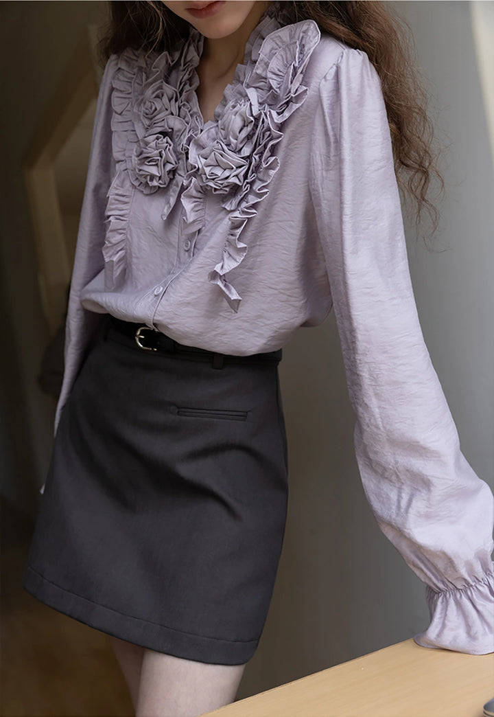 Women's Lavender Long-Sleeve Ruffled Floral Blouse