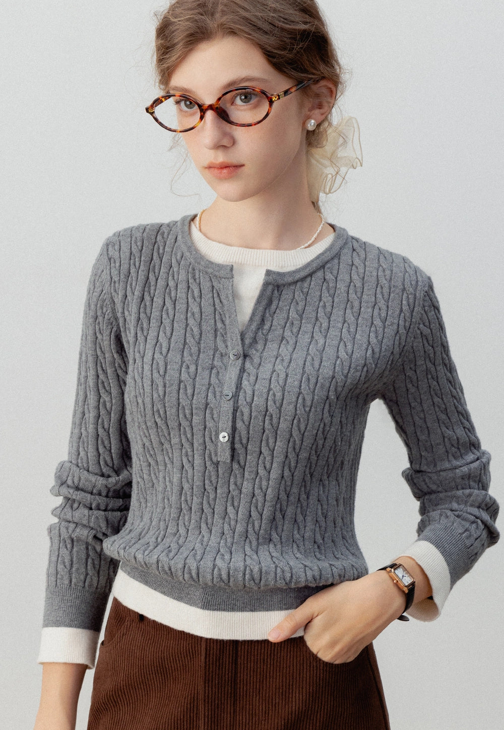 Women's Classic Cable Knit Henley Sweater