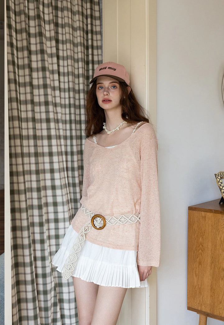 Boho-Inspired Beige Knit Top with Crochet Belt