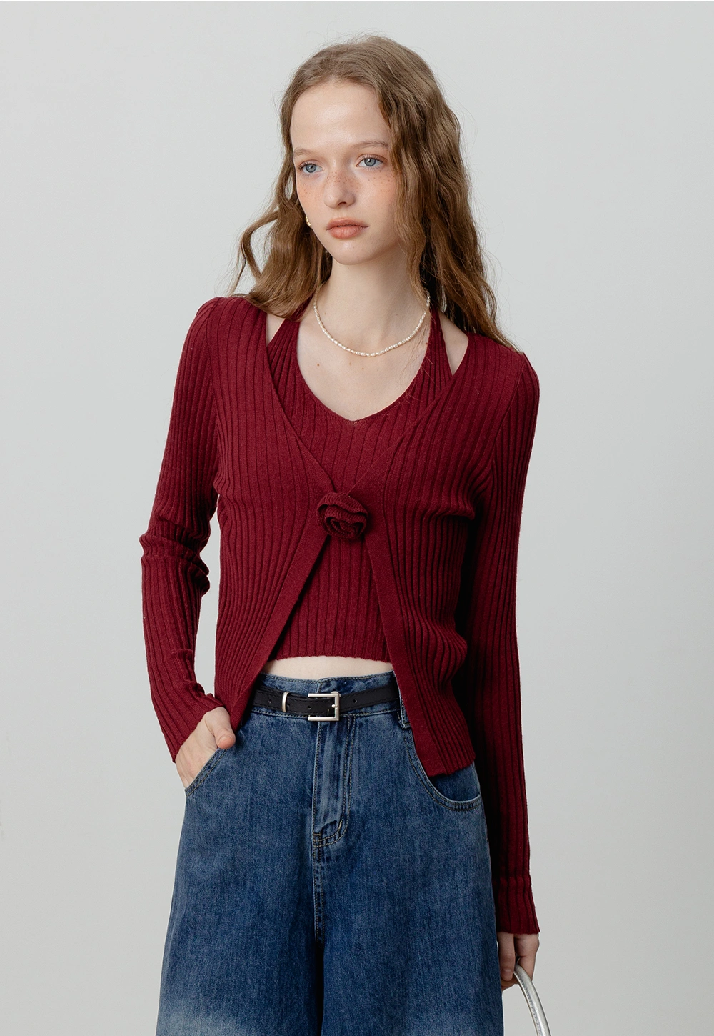 Ribbed Knit Cardigan with Halter Neck