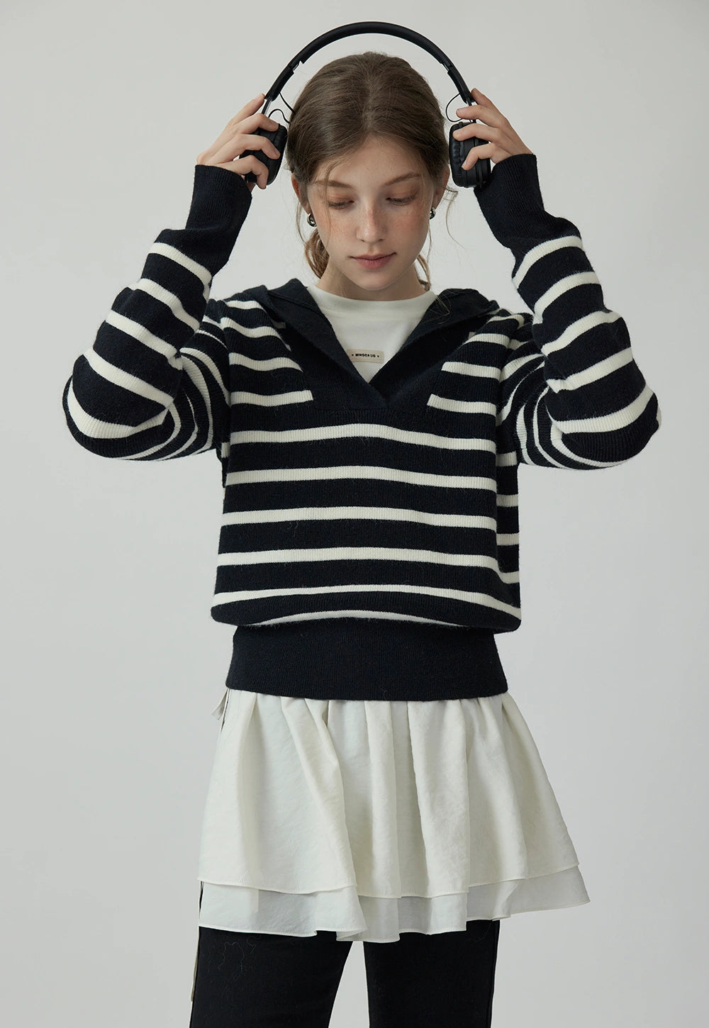 Women's Black & White Striped Hoodie Sweater