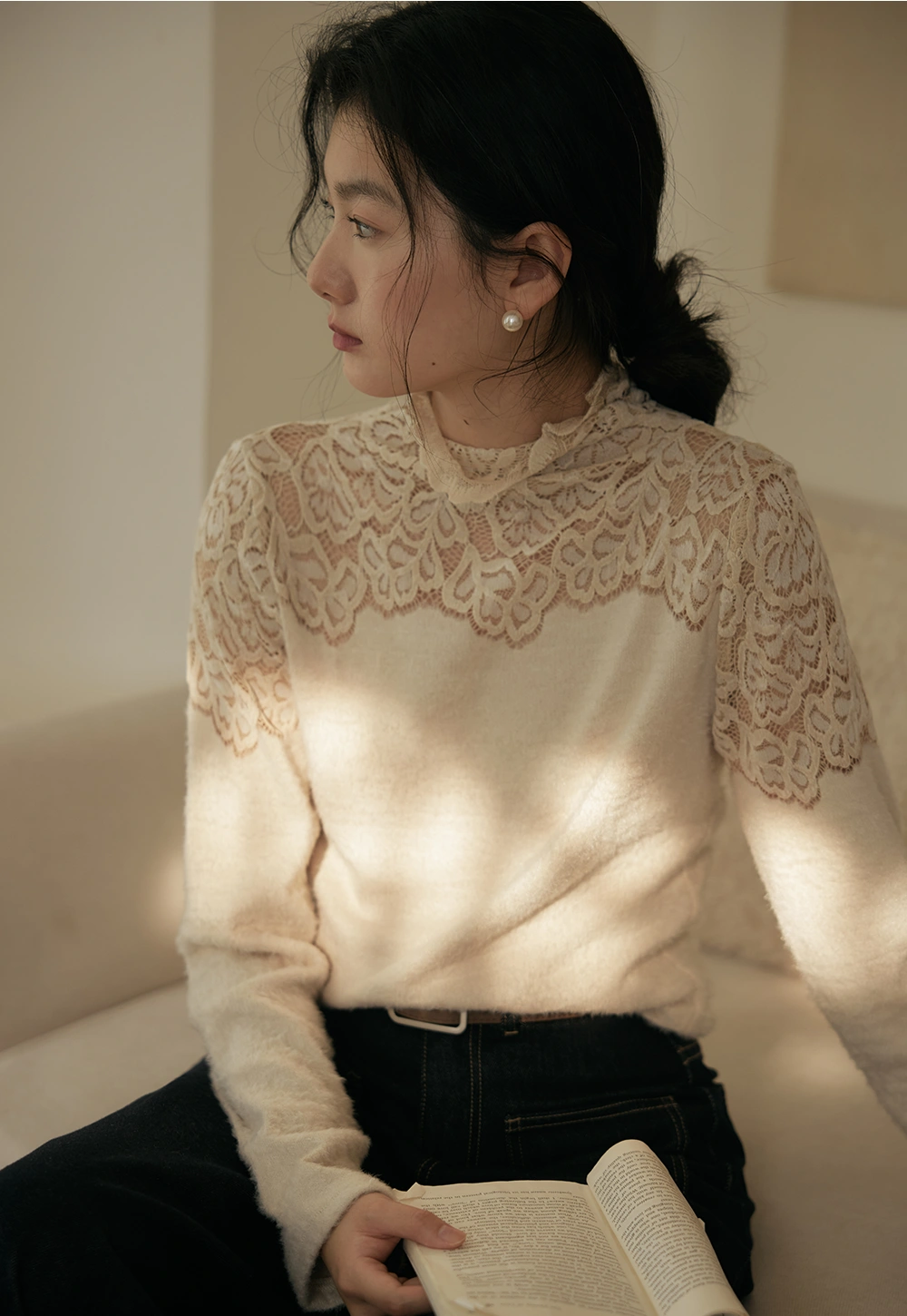 Lace Detail Mock Neck Sweater