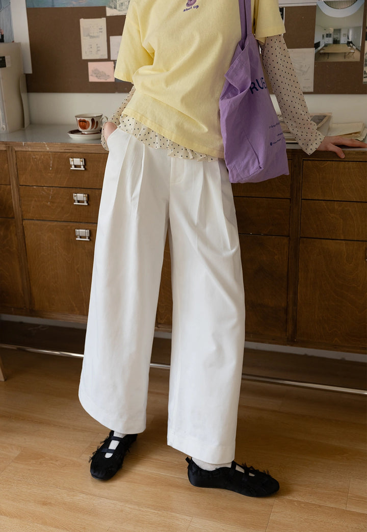 Women's White Wide-Leg Pleated Trousers