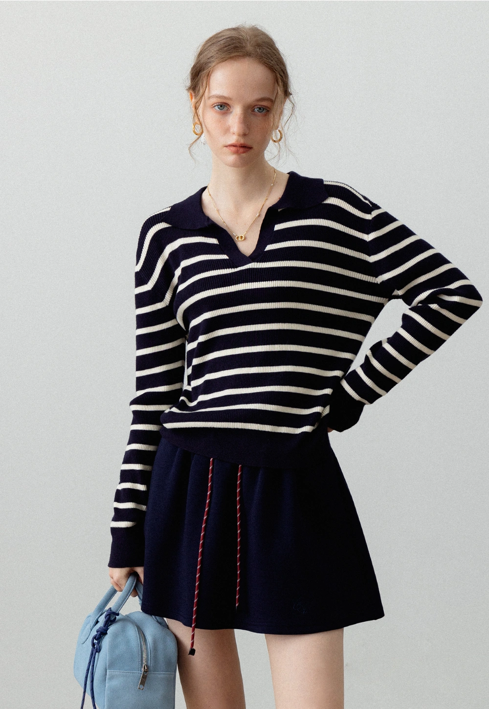 Women's Striped V-Neck Ribbed Knit Sweater