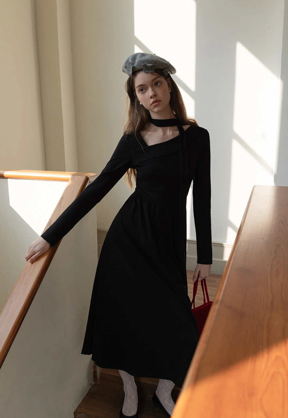 Women’s Long Sleeve Black Asymmetrical Neckline Midi Dress