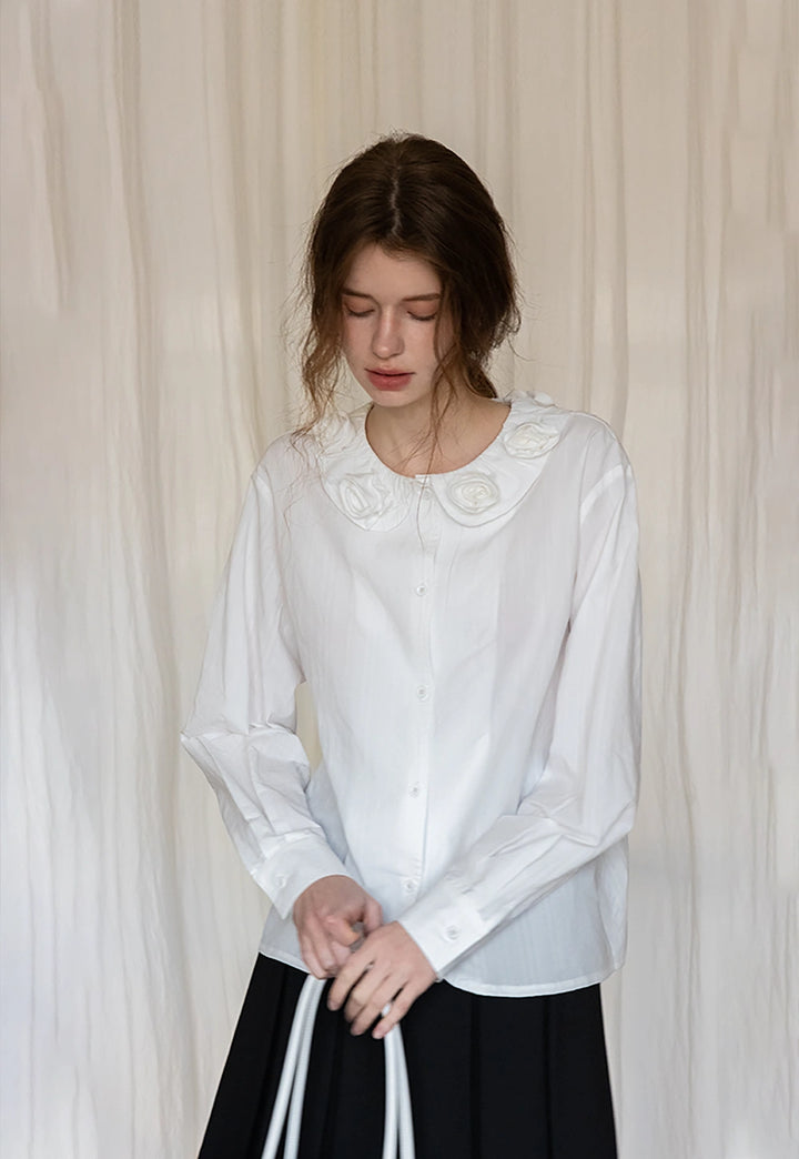 White Button-Up Blouse with Floral Embellished Collar