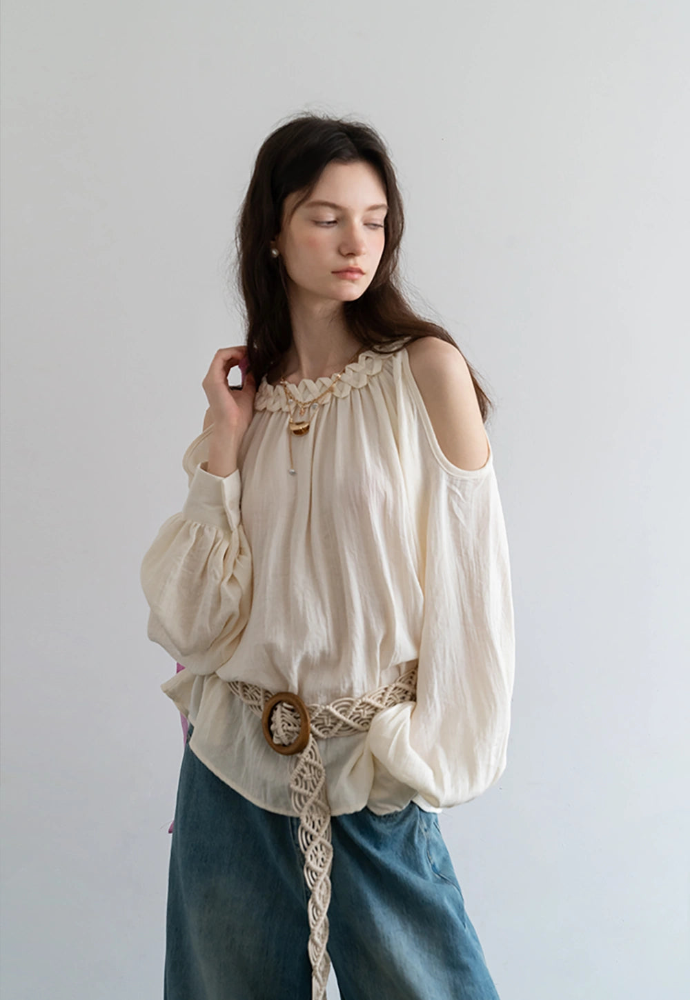 Ruffled Cold-Shoulder Long Sleeve Blouse