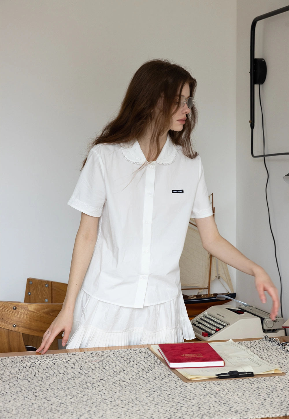 White Collared Button-Up Top with Embroidery