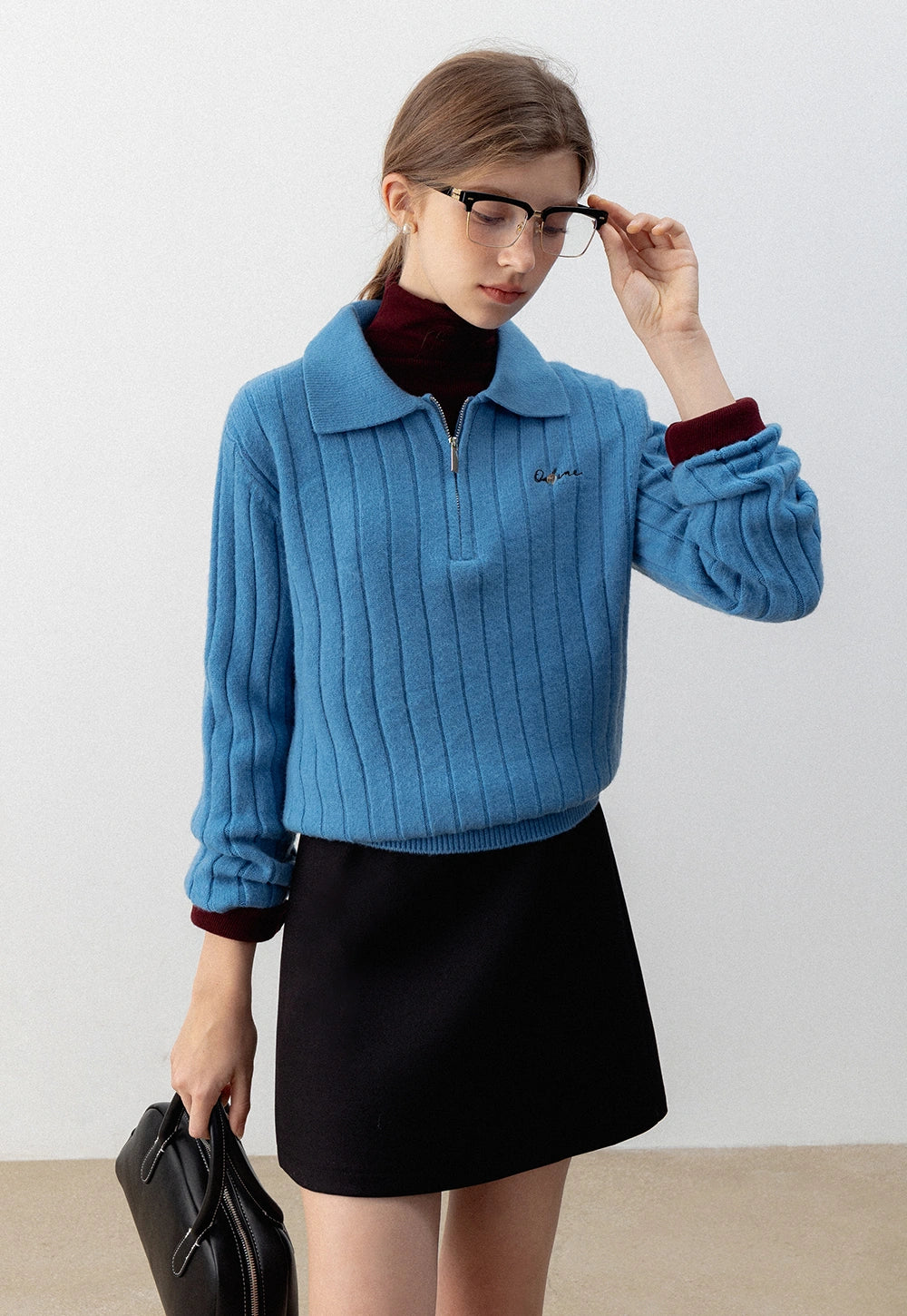 Collared Knit Top with Double Half-Zip Carigans