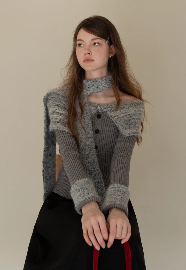 Women’s Off-Shoulder Plush Sweater with Scarf and Turn-Down Collar