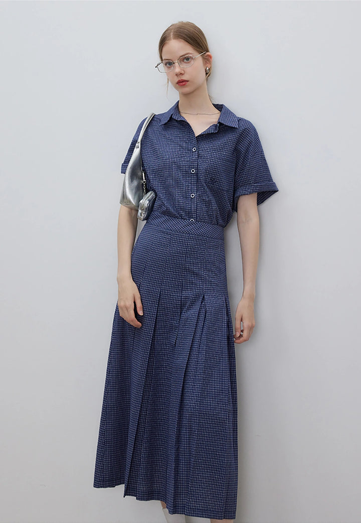 Women's Gingham Short Sleeve Shirt and Pleated Skirt Set