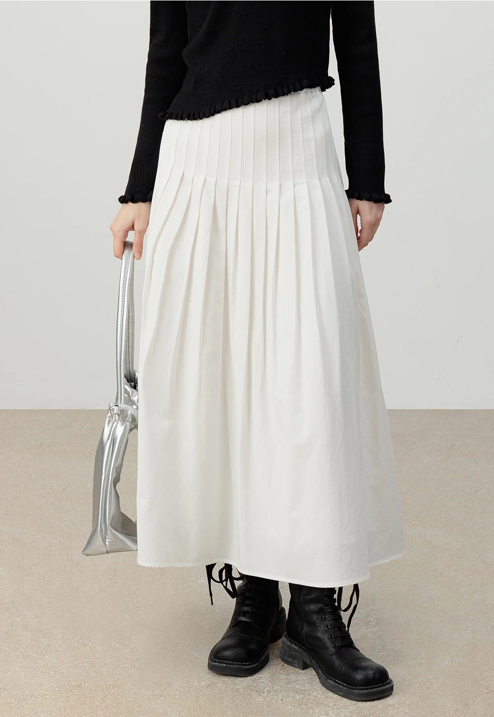 White Pleated A-Line Midi Skirt