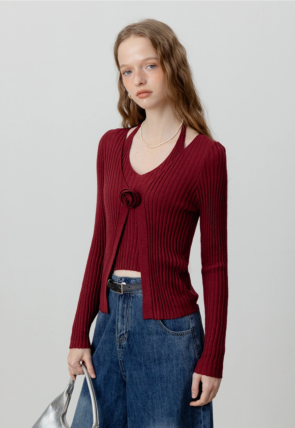 Ribbed Knit Cardigan with Halter Neck