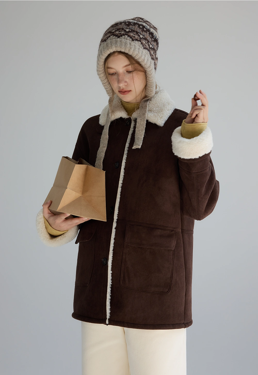 Brown Faux Shearling-Lined Coat