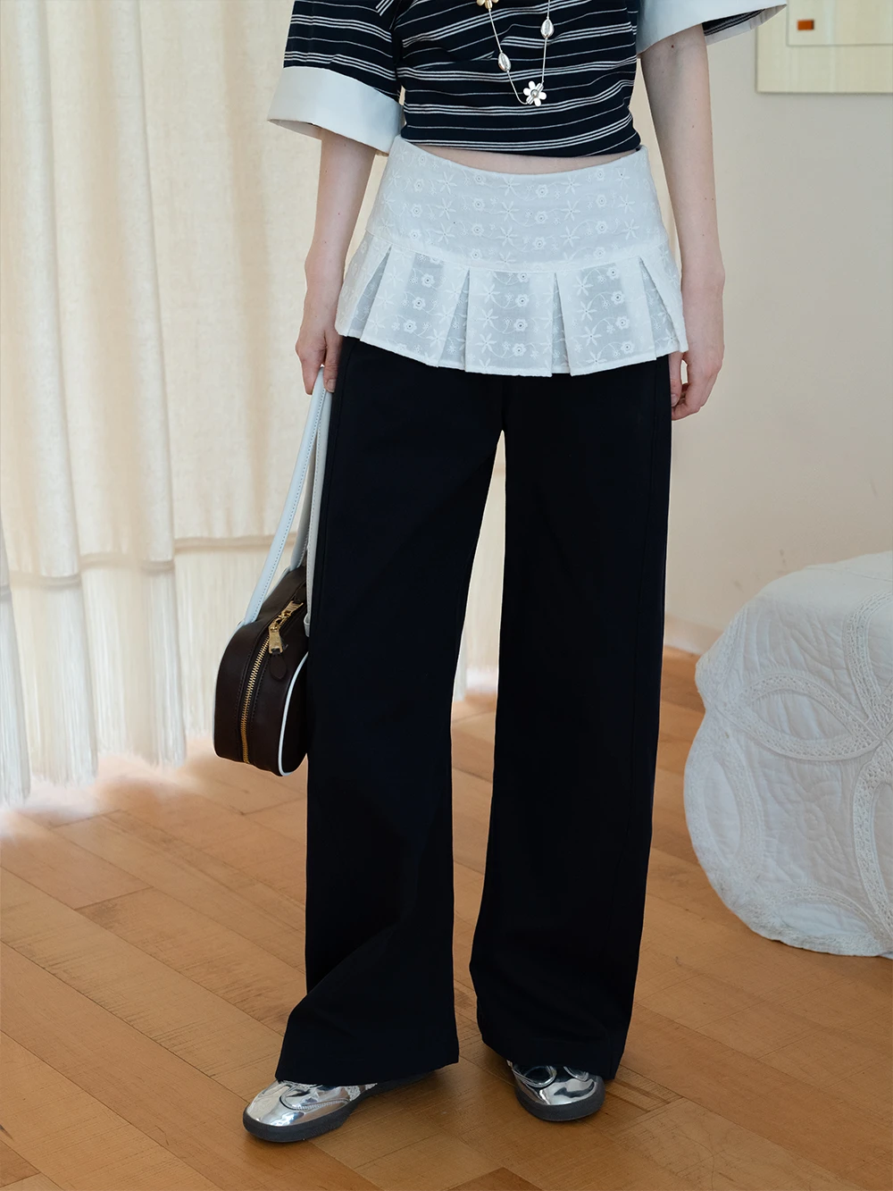 Patchwork Embroidered Pleated Overlay Wide-Leg Pants