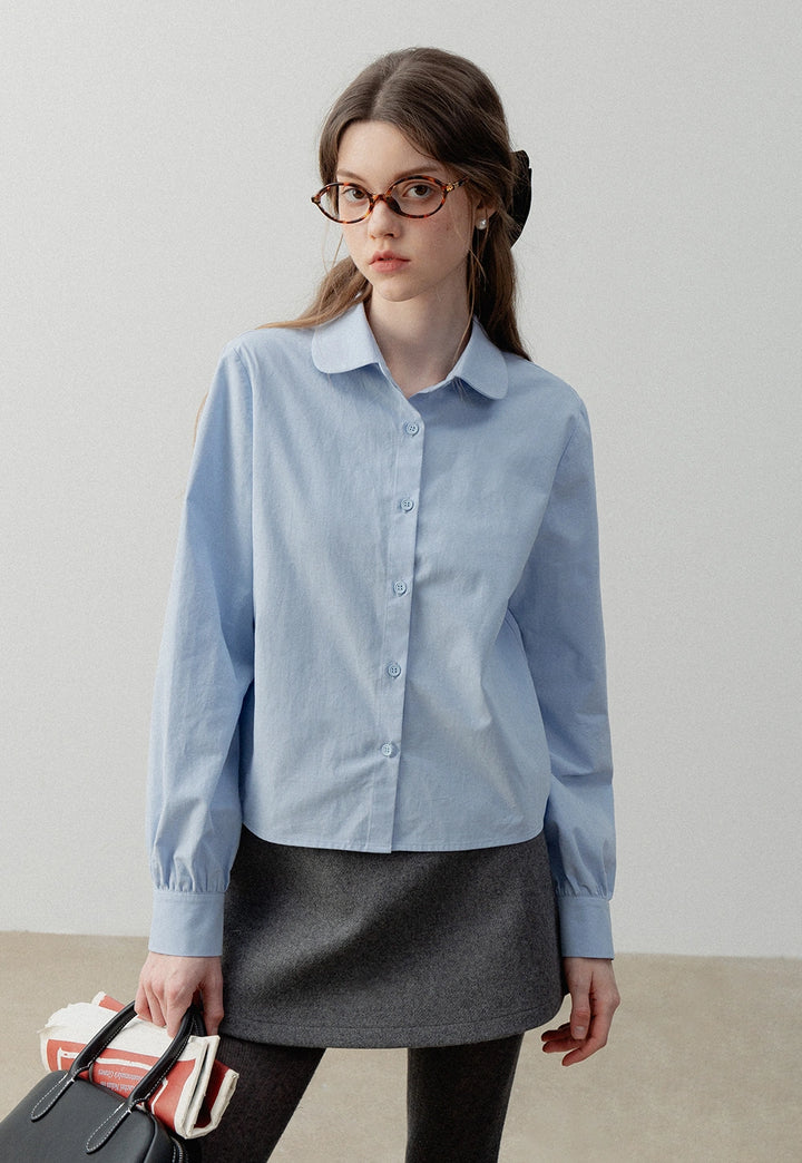 Women's Blue Long-Sleeve Button-Up Shirt with Peter Pan Collar