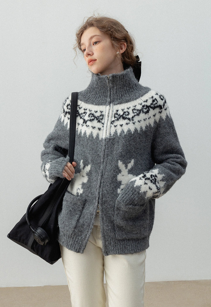 Women's High Neck Rabbit Pattern Zip-Up Knit Cardigan With Pockets