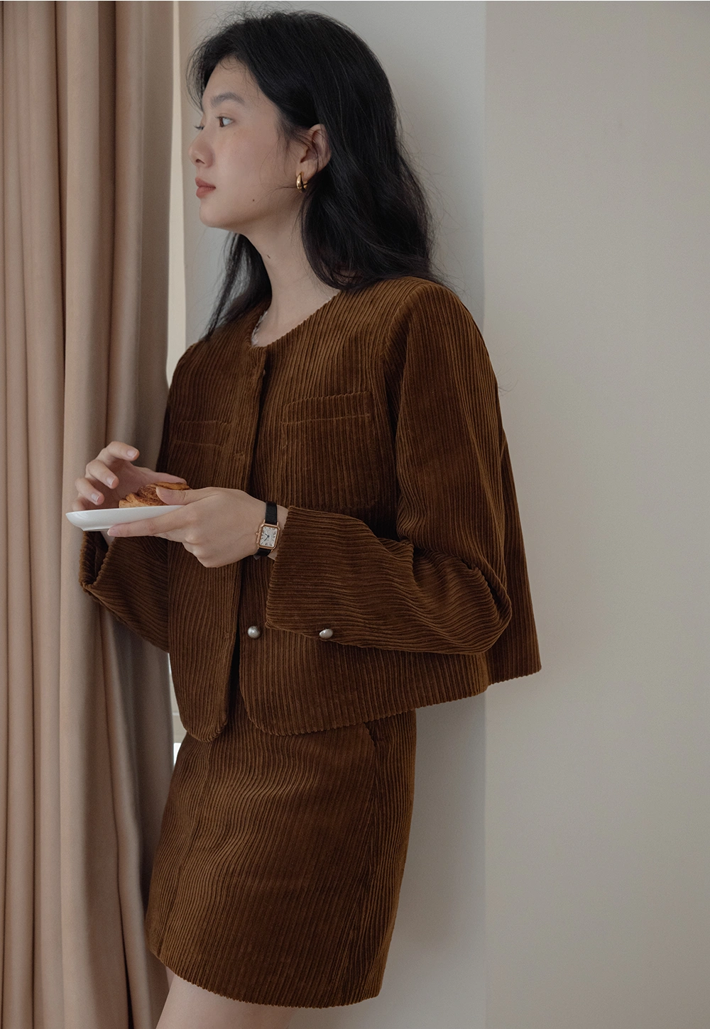 Corduroy Set: Button-Up Jacket and Mini Skirt