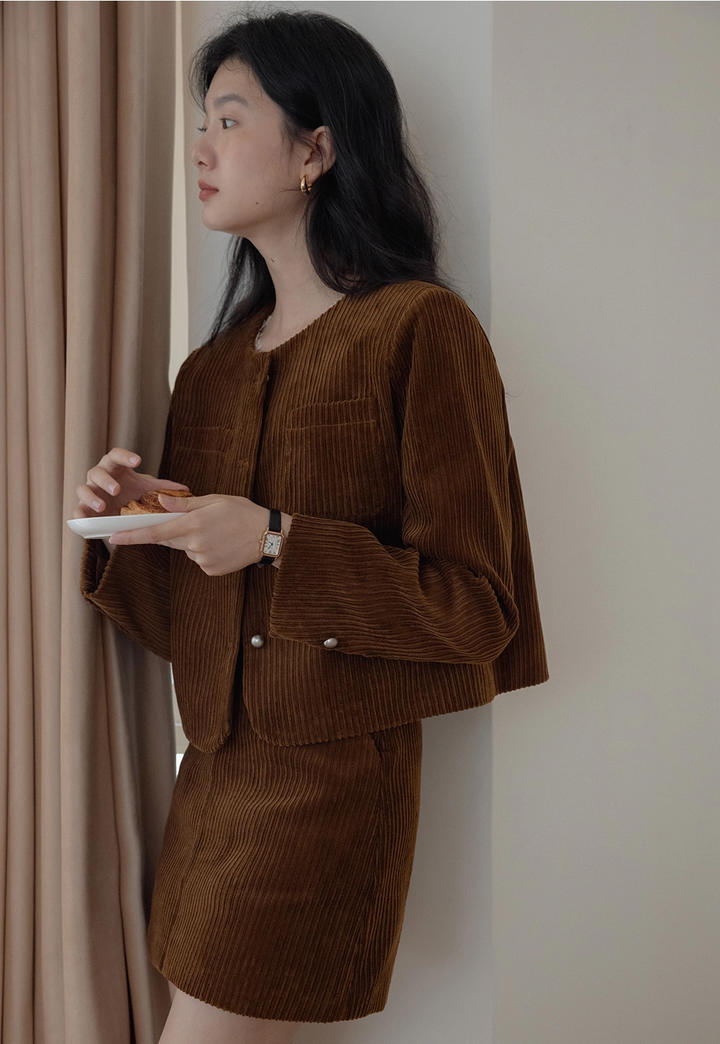 Corduroy Set: Button-Up Jacket and Mini Skirt