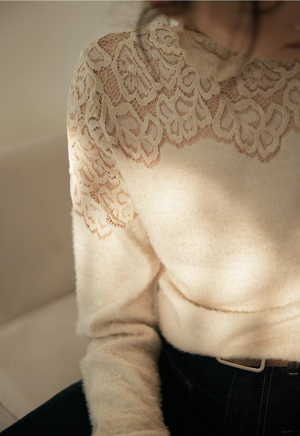 Lace Detail Mock Neck Sweater