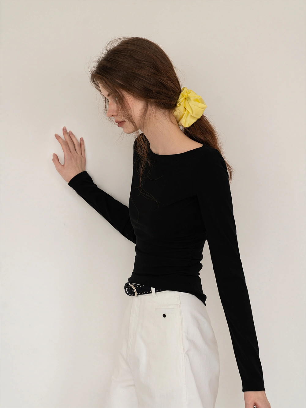 Classic Black Long Sleeve Fitted Top with Ruched Detail