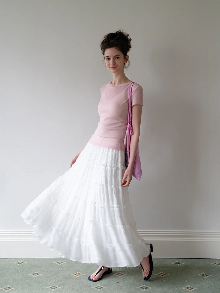 Tiered Ruffle Elastic Waist Midi Skirt