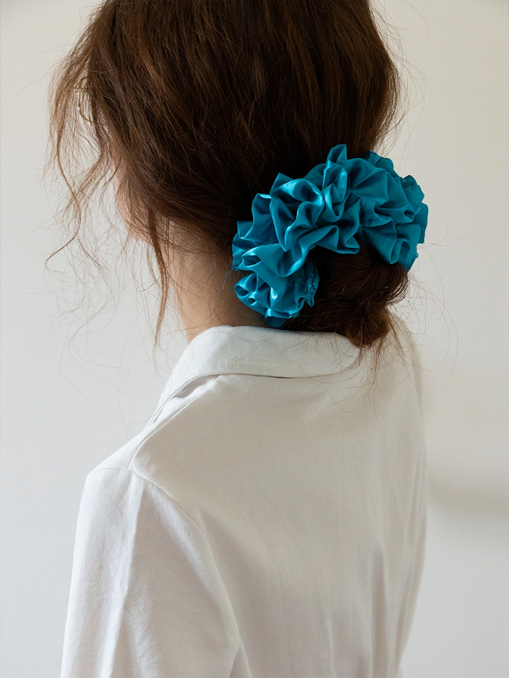 French Satin Pleated Flower Pom-Pom Hair Tie