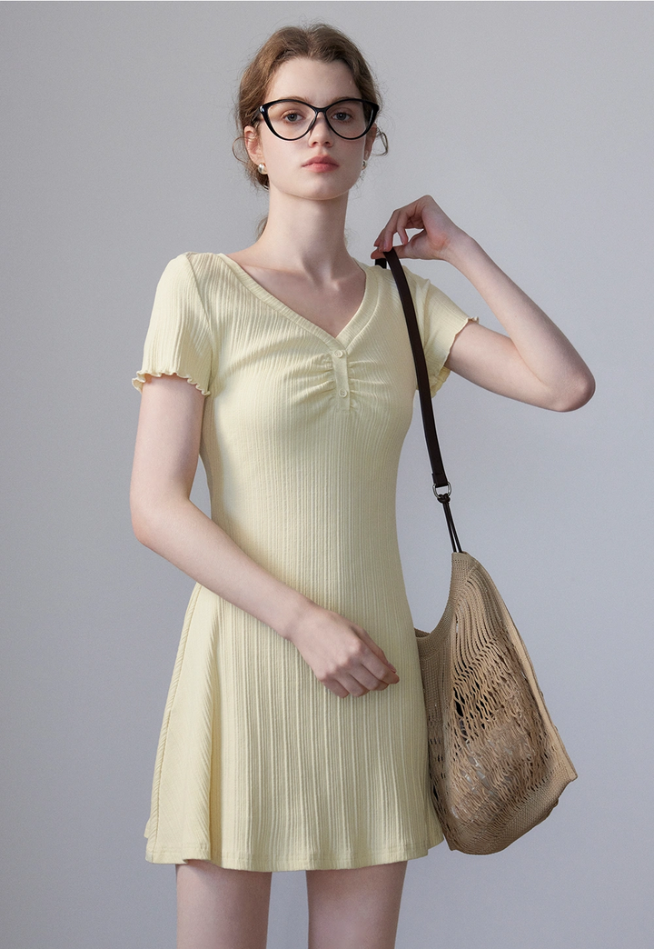 Women's Short-Sleeve Ribbed Dress with Button Detail