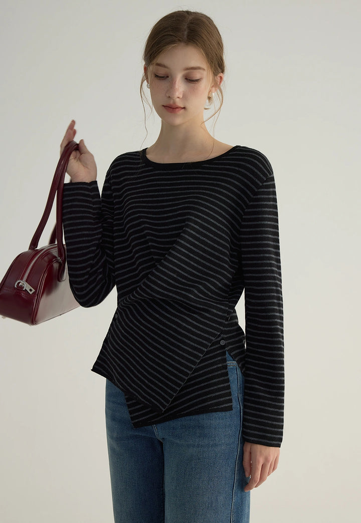 Women's Striped Asymmetric Hem Long Sleeve Top