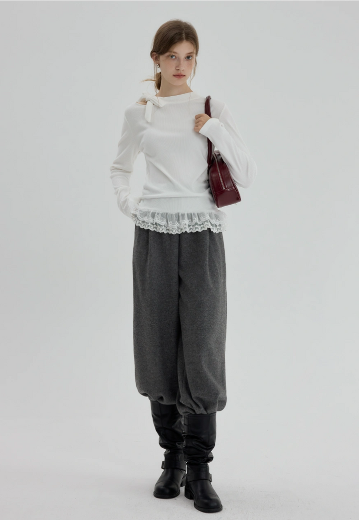 Wide-Leg Drawstring Woolen Casual Pants