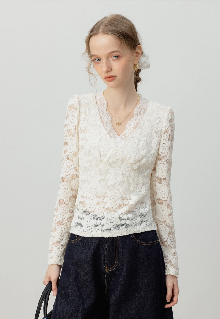 V-Neck Floral Lace Long-Sleeve Top