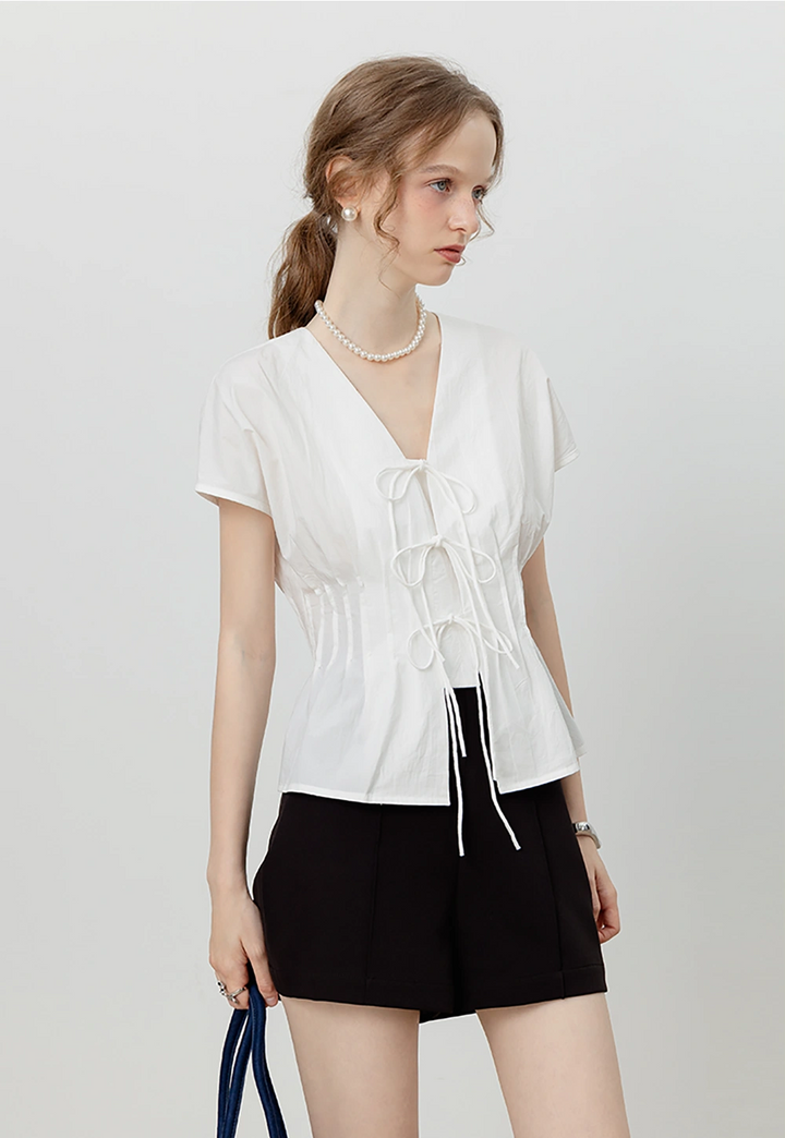 Women's White Bow-Tie Front Blouse