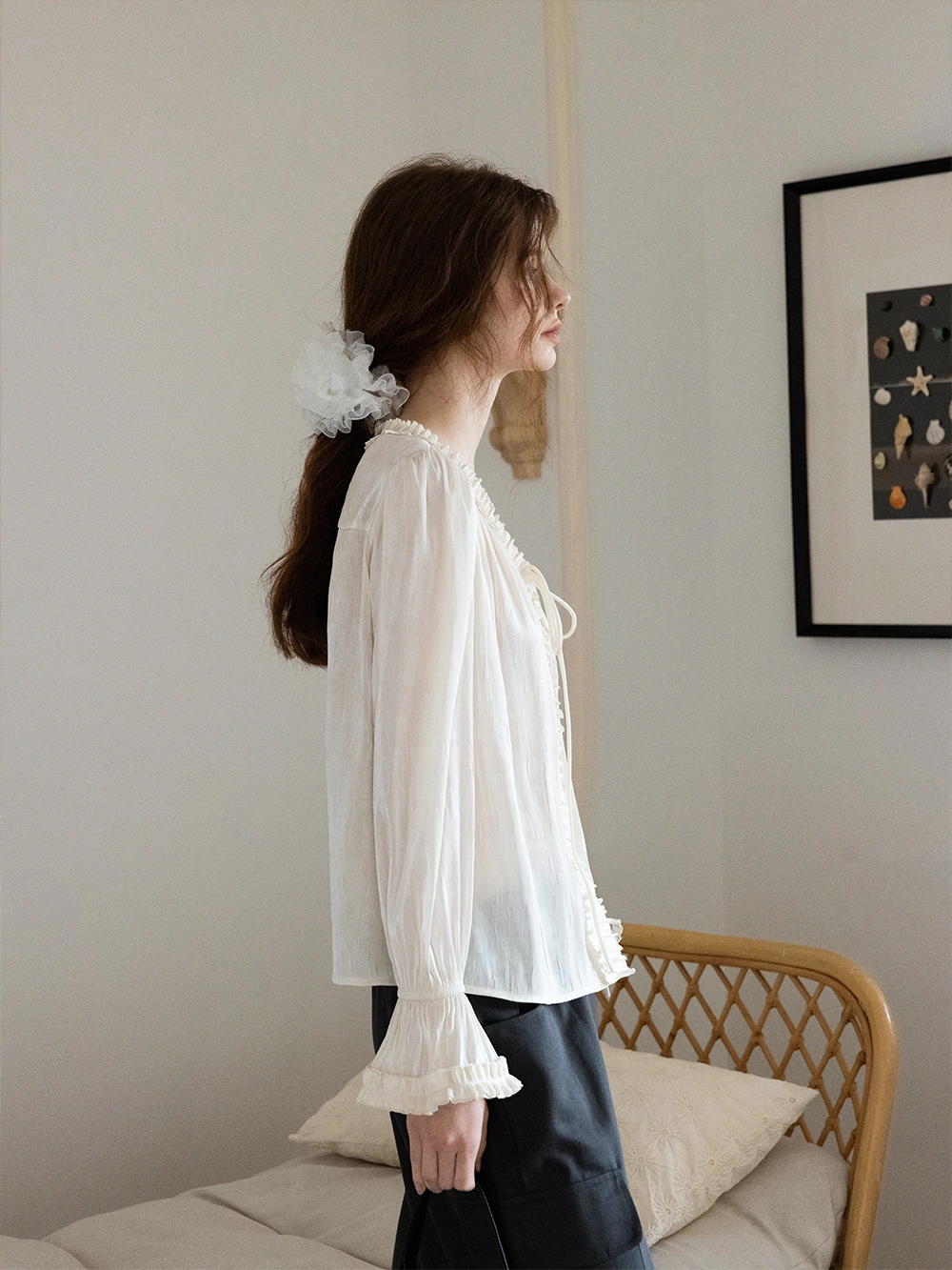 Elegant Ruffled Satin Tie-Front Long Sleeve Blouse