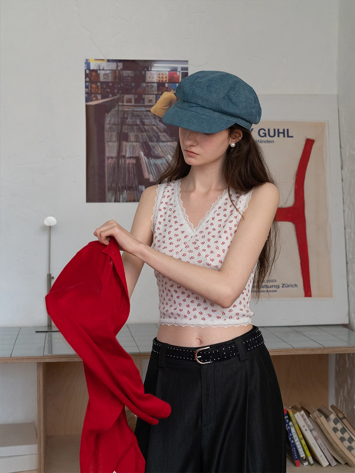 Floral Lace-Trim Camisole with Red Cardigan Outfit