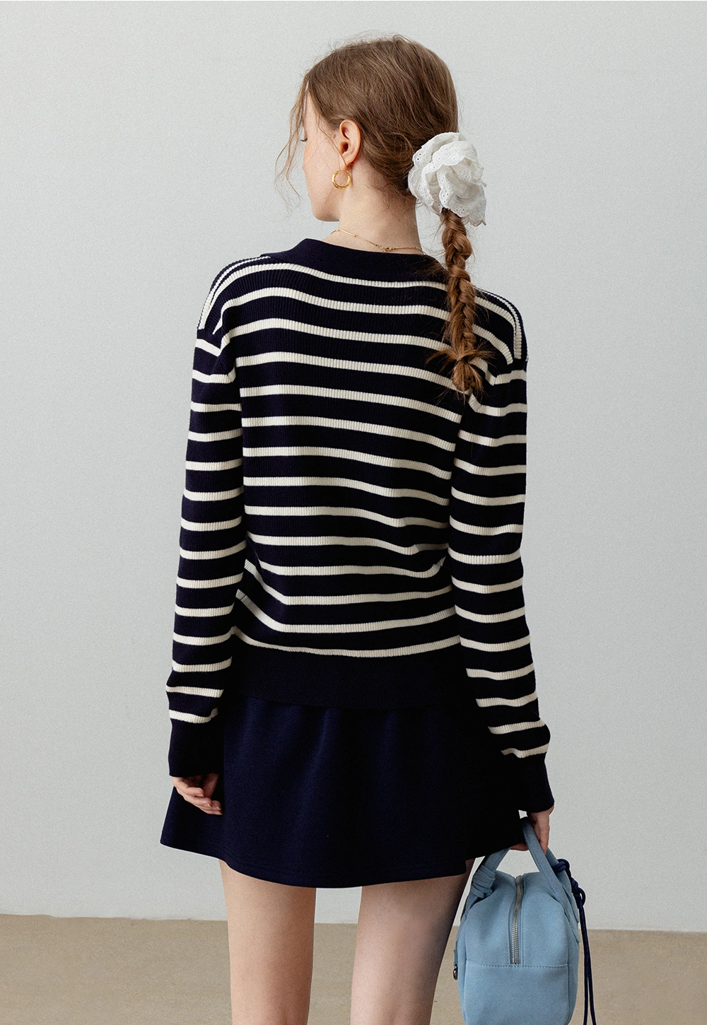 Women's Striped V-Neck Ribbed Knit Sweater