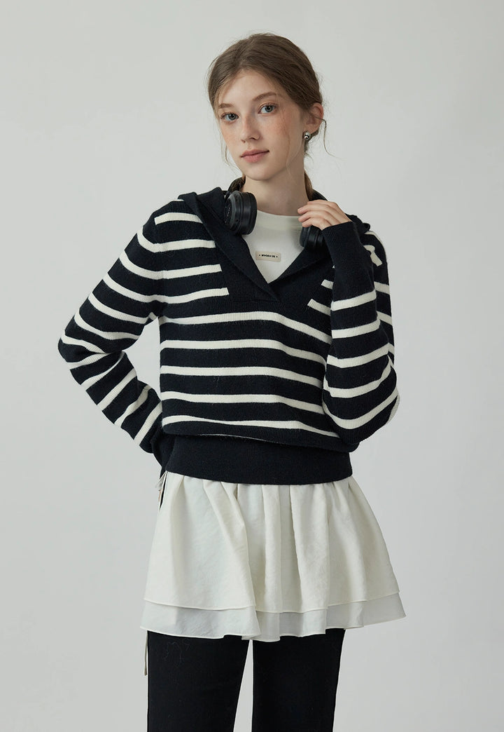 Women's Black & White Striped Hoodie Sweater