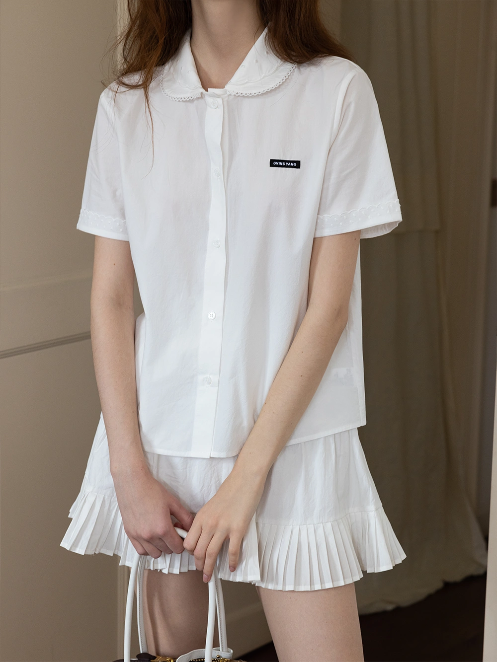 White Collared Button-Up Top with Embroidery