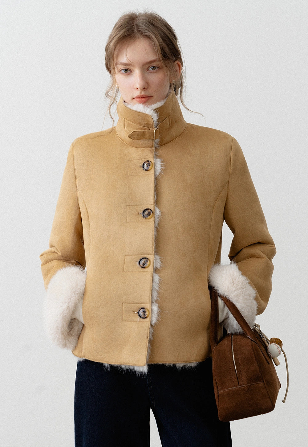 Women's Faux Suede Jacket with Faux Fur Trim