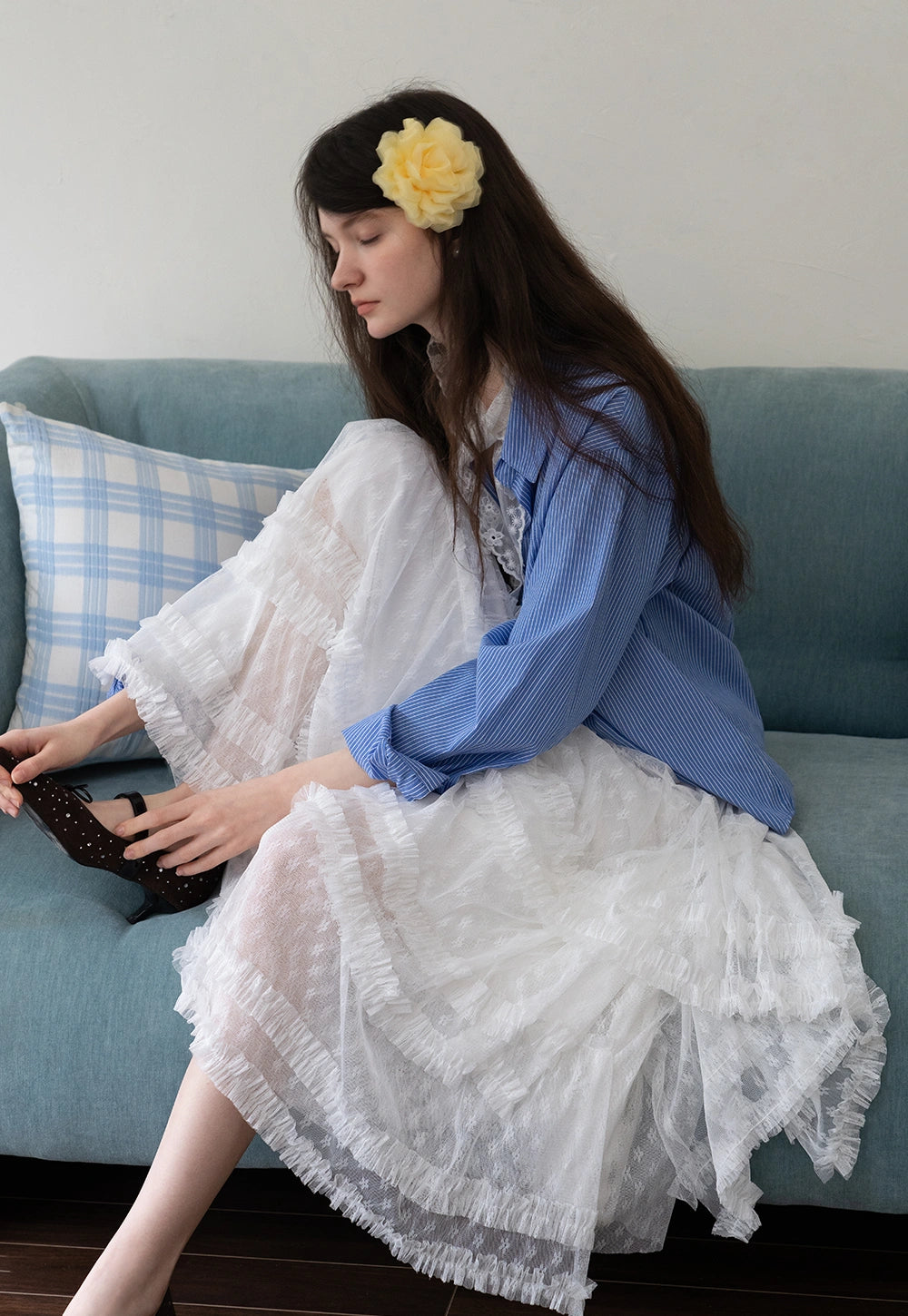 White Layered Ruffle Midi Skirt